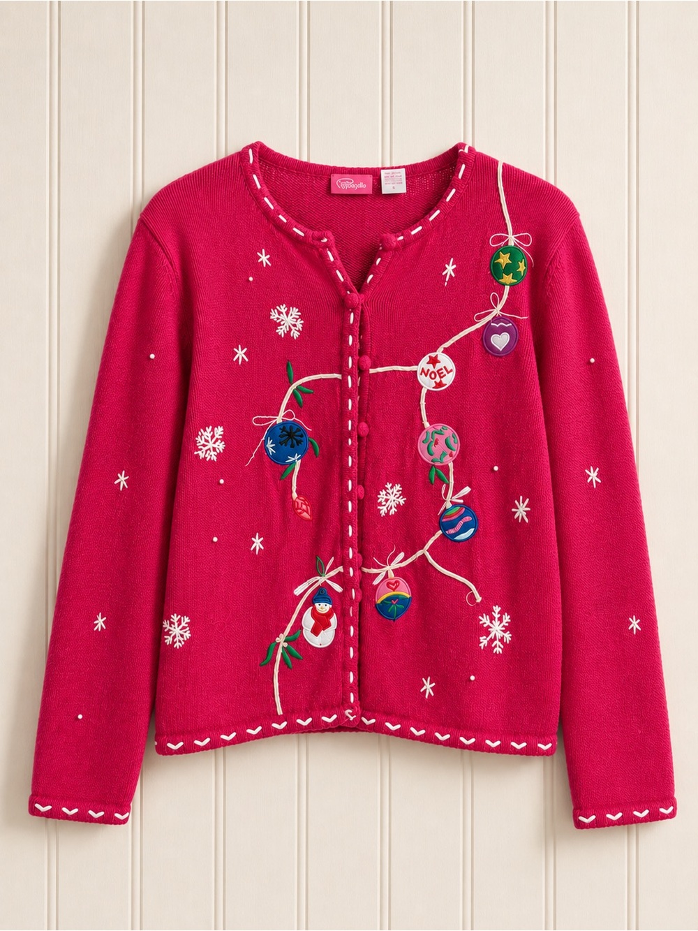 Vintage Pink Holiday Cardigan with Ornament Embroidery